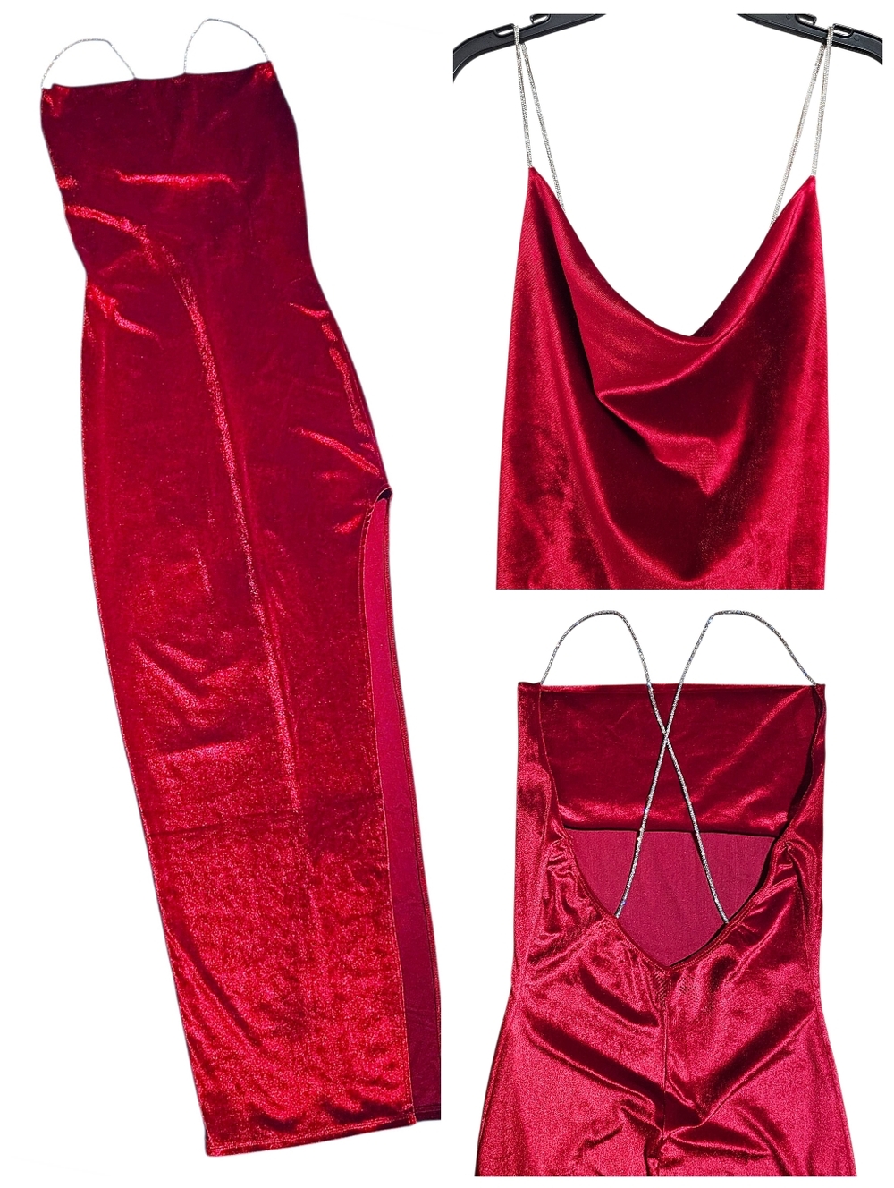 ASA Red Velvet Cowl Neck Rhinestone Straps Bodycon Glam Party Prom Dress Medium